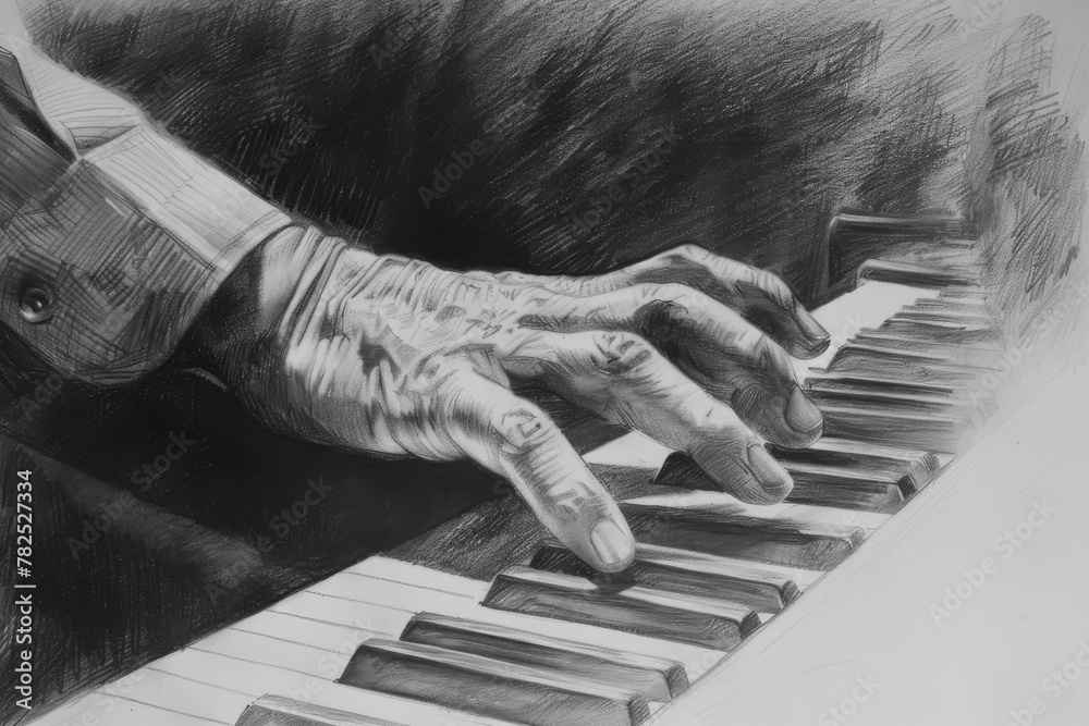 Poster An intricately sketched hand pressing piano keys, capturing the essence of music and motion in monochrome