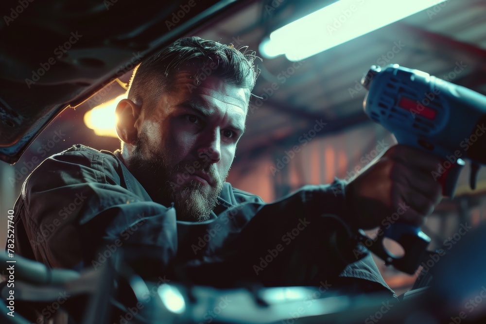 Poster a focused mechanic is working under the hood of a car using a powerful cordless impact wrench in a w