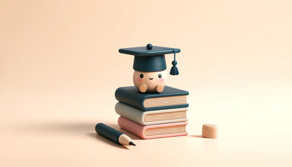A cute character with a graduation cap on a pile of books.