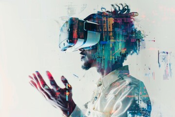 A contemporary digital art piece with a man in a VR headset, blending modern tech and creativity