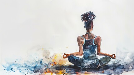 An expressive watercolor painting capturing a woman in deep meditation amidst dynamic splashes of colors