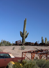rusty cars in a desert junkyard