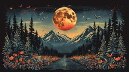 Enchanting Night Landscape with Full Moon and Mountains