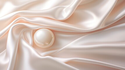 A close-up image of a pearl on a luxurious cream-colored silk fabric. - obrazy, fototapety, plakaty