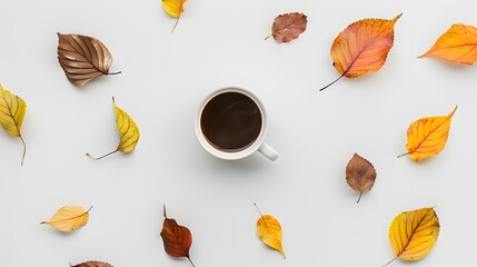 Cup of coffee, framed with autumn leaves on white background. Flat lay. Overhead view