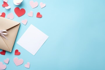 A flat lay of a love letter envelope, blank card, and scattered paper hearts on a pastel blue...