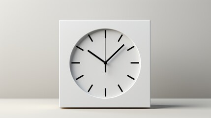A minimal render of a white clock on a white table against a white background.