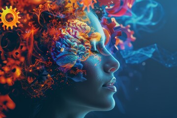 Unlocking the Mind's Potential: A Woman's Head with a Vibrant Brain Sketch Surrounded by Gears