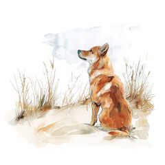 Watercolor illustration of a red dog sitting in the grass on a white background - 782529973