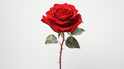 A photo of a single red rose in full bloom against a white background.