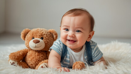 cute little baby with teddy bear at home