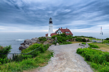 Portland Head Lighthouse in stormy day in Maine, New England, USA.
