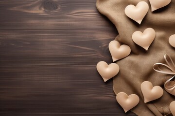 Handmade hearts on a rustic wooden backdrop with burlap - Powered by Adobe