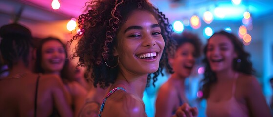 Glowing Smiles at a Neon-Lit College Party. Concept Neon Lights, College Party, Glowing Smiles, Fun Poses, Joyful Atmosphere