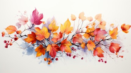 A watercolor painting of a branch with red, orange, and yellow leaves.