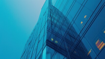 Blue office buildings skyscrapers with glass wall at blue sky background. AI generated