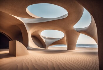 sand structure with circular holes and a view of the sea through one of the holes. The sky is blue and the sand is beige - 782530524
