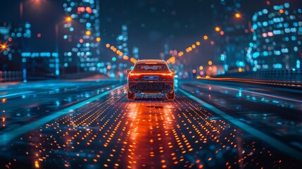 Futuristic SUV Driving Through Illuminated City Streets