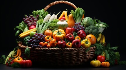 A wicker basket full of colorful fruits and vegetables on a black background.