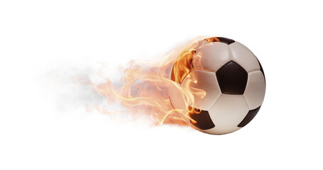 soccer ball, fast with fire and flames and smoke. fast speed, fast shoot