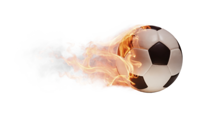 soccer ball, fast with fire and flames and smoke. fast speed, fast shoot