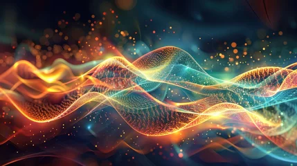 Poster Ondes fractales Futuristic abstract virtual fractal waves and lights of science technology background. AI generated