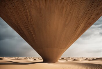 large, cone-shaped structure stands in the desert, surrounded by sand dunes and a dark, cloudy sky. - 782530751