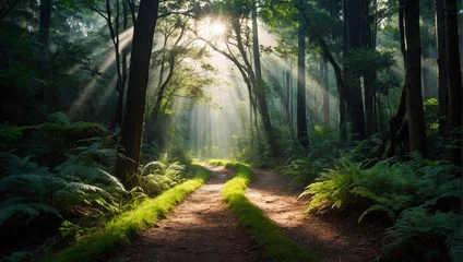 Foto auf Alu-Dibond Forest Pathway with Sunlight Rays  © rouda100