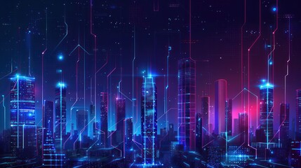 Illustration smart city buildings with digital connection graphic elements technology. AI generated