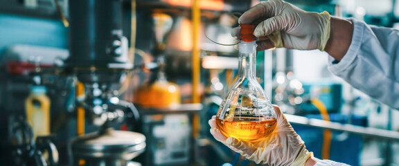A chemist examining a flask with a golden liquid, depicting pharmaceutical research and chemical analysis. Ogranic bio cosmetics from natural ingredients. Banner. Copy space