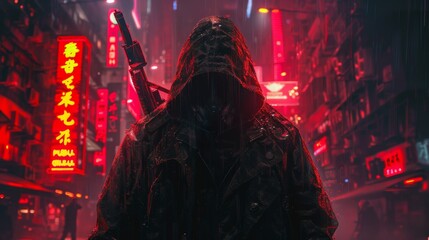 Hooded Assassin With Dagger and Pistol in Neon-Lit Alley - obrazy, fototapety, plakaty