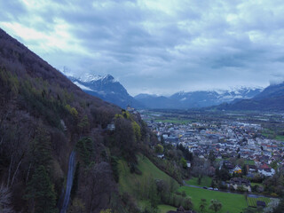 The view from above Interlaken, Switzerland. Looking forward the Swiss Alps 