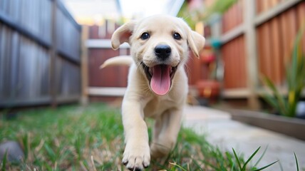 cute lab puppy running in backyard.