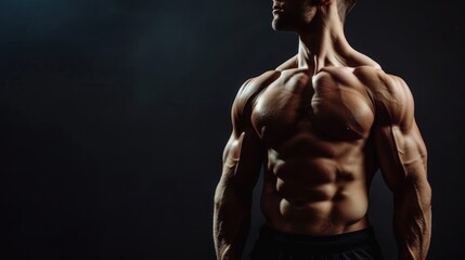 Portrait attractive male torso with muscular body builder on dark background. AI generated image - obrazy, fototapety, plakaty
