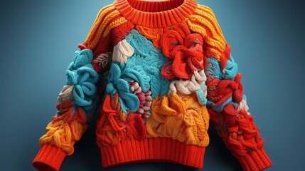 A 3D rendering of a colorful hand-knitted sweater with a complex pattern of flowers and leaves