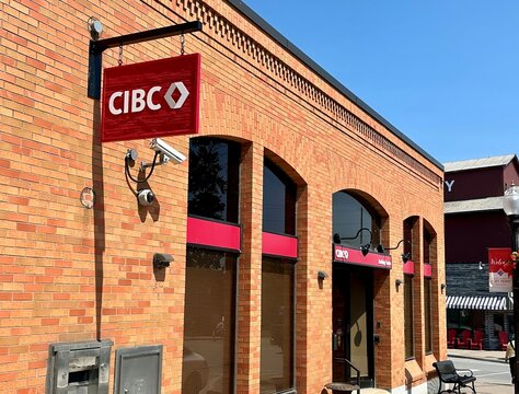 port perry, canada - august 19 2023: the sign of the cibc canadian bank is hanging outside an office location on the main street of a town