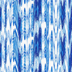 Indigo ikat dye stripe marled seamless pattern. Asian style wavy distort weave print in modern blue white. - 782532715