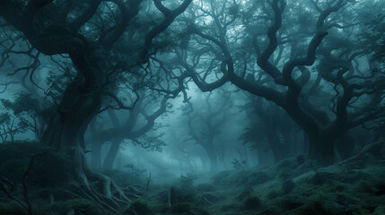 Twisted ancient trees shrouded in mist create a mystical atmosphere in a dense forest, evoking a sense of enchantment and mystery during twilight - Generative AI