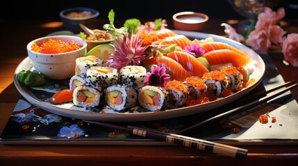 A beautiful and delicious platter of sushi and sashimi, garnished with flowers and served with chopsticks.