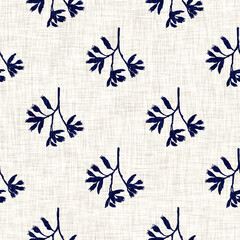 Indigo denim blue leaf motif seamless pattern. Japanese dye batik fabric style effect print background swatch.  - 782532930