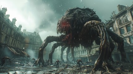 Post-Apocalyptic Battle Scene With Monstrous Creature in Rain