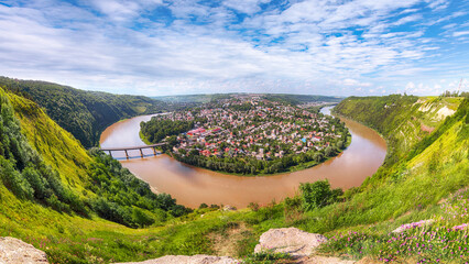 Amazing panoramic view from above to famous ukraininan city Zaleshchiki in the Dnister river canyon