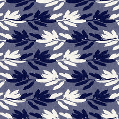 Indigo denim blue leaf motif seamless pattern. Japanese dye batik fabric style effect print background swatch.  - 782533198