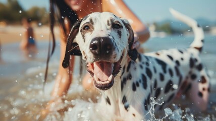 Dalmation playing on the beach with a woman splashing.