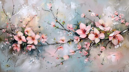 A beautiful branch of sakura with flowers and small green leaves in pink tones directed from right to left, painted with oil paints on a light bluish-yellow background