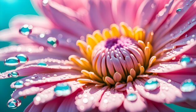 Beautiful big drop of water on a petal of a pink chrysanthemum flower with summer spring reflection close-up macro nature, stock images