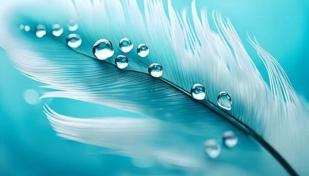 Transparent water droplets on curled white bird's feather on blue and turquoise background, macro. Dreamy elegant image of fragility and beauty of nature, stock images