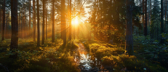Golden hour in a forest, sunbeams piercing through the dense foliage. Themes of nature and mindfulness.