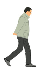 Worried senior person walking with hands on back vector illustration isolated on white background. Mature man worried, thinking about problems. People active life. Grandfather outdoor autumn jacket.