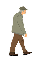 Old man walking vector illustration isolated. Senior mature outdoor. Active grandfather with mustache go to hospital. People active life. Senior person walking. Grandpa veteran male. Old fashion style